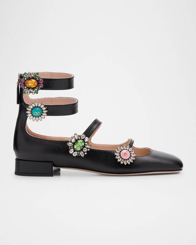 Leather Jewel Four-Strap Ballerina Flats
